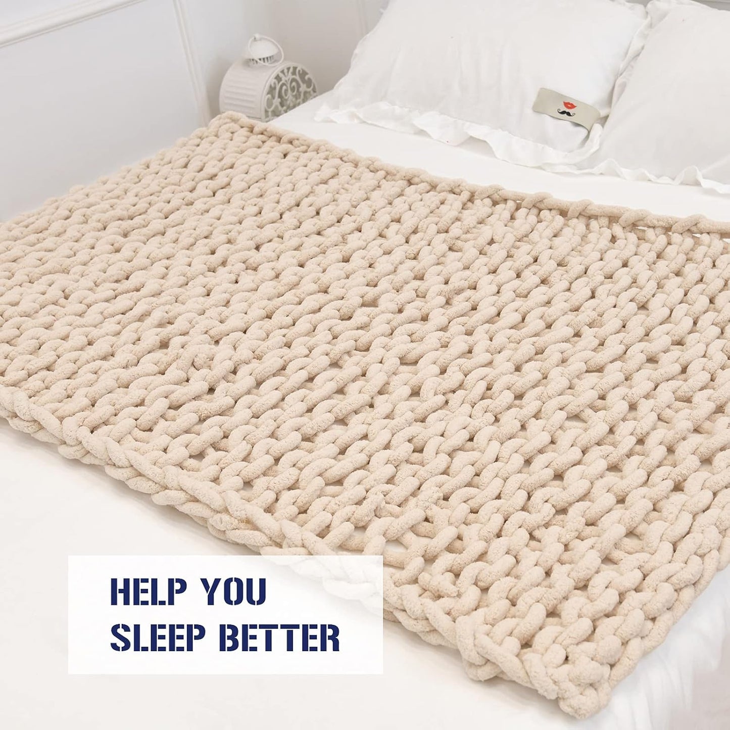 Chunky Knit Blanket Warm Chenille Throw Blanket, Beige 40"X60" Warm Soft Cozy Handmade Knitted Yarn Throw Blanket for Bed Sofa Chair Home Decor, Gift, Machine Washable