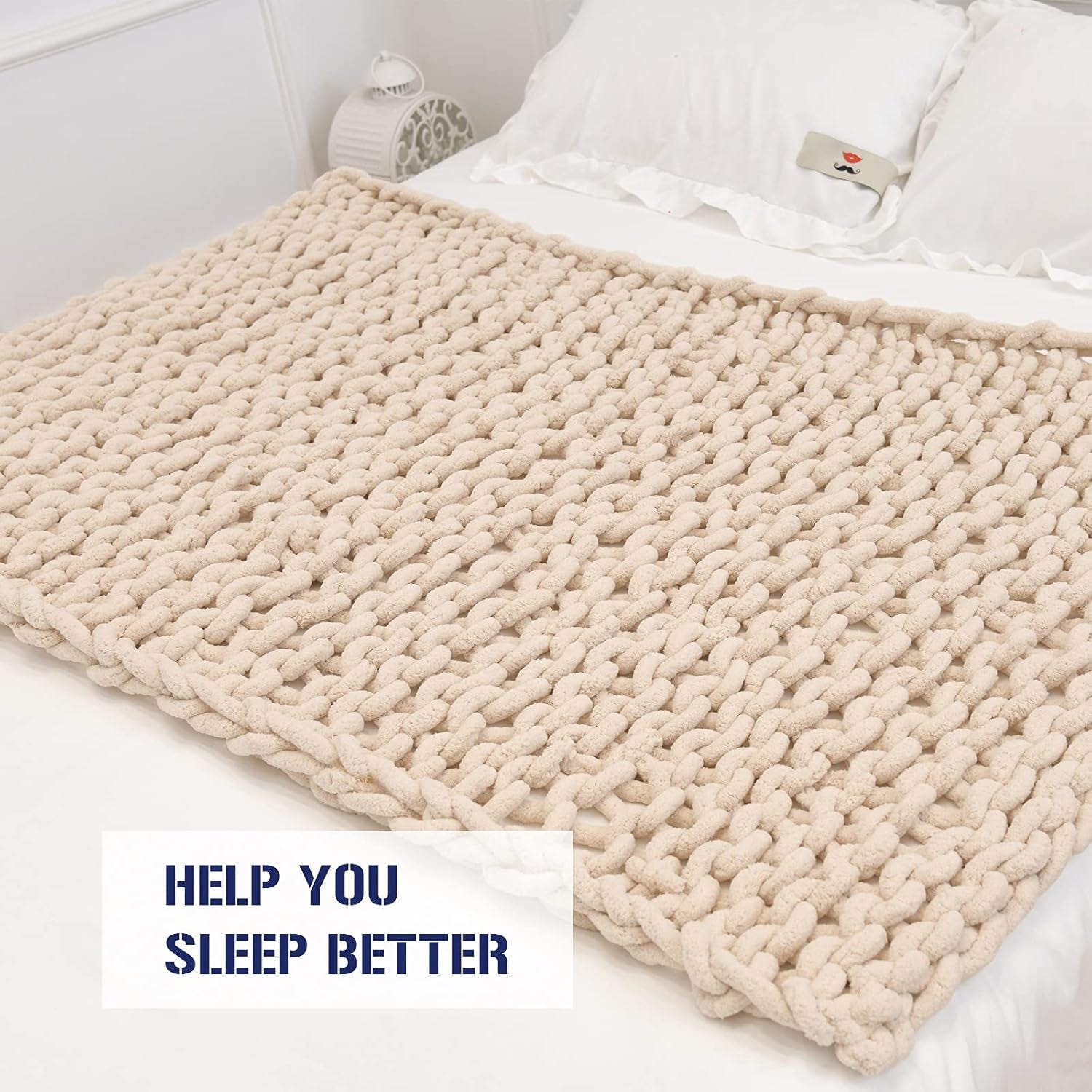 Chunky Knit Blanket Warm Chenille Throw Blanket, Beige 40"X60" Warm Soft Cozy Handmade Knitted Yarn Throw Blanket for Bed Sofa Chair Home Decor, Gift, Machine Washable