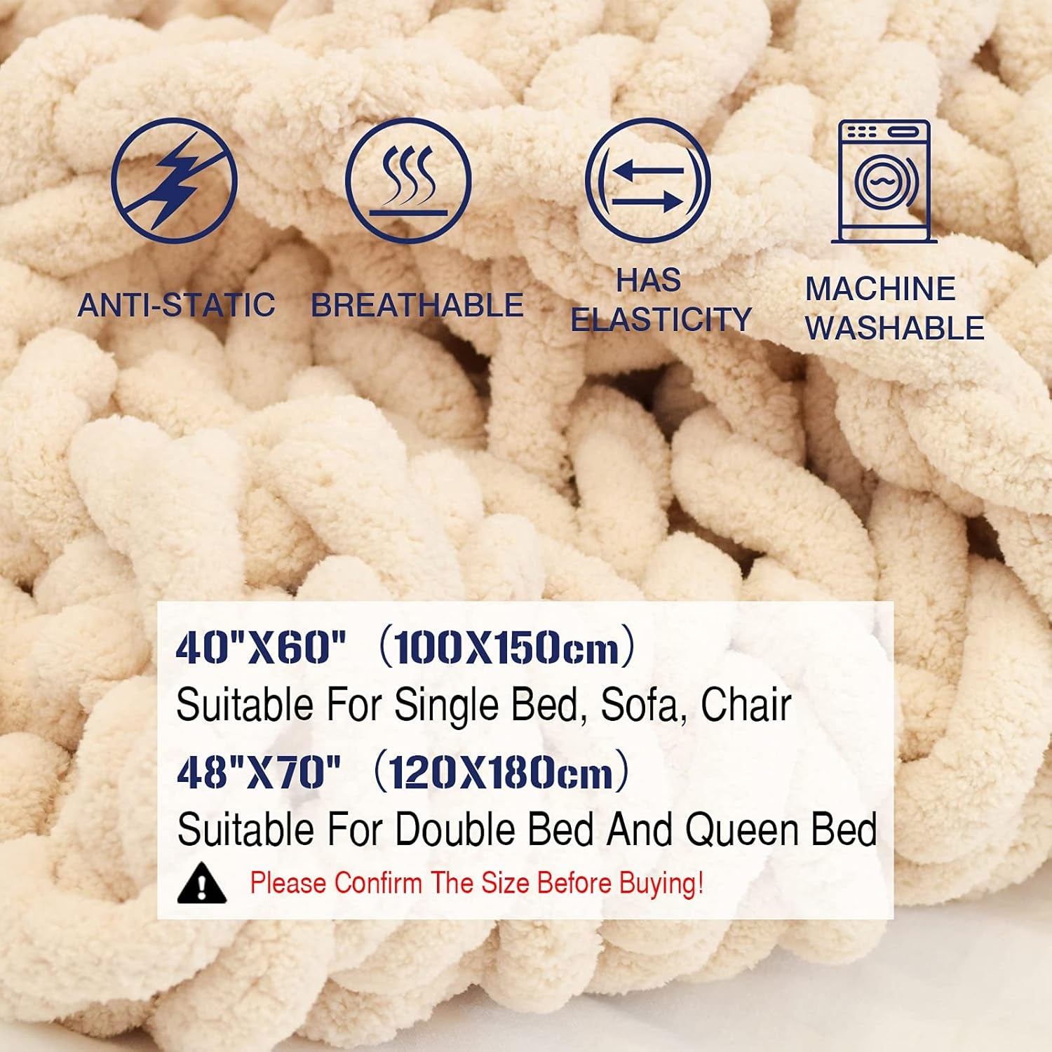 Chunky Knit Blanket Warm Chenille Throw Blanket, Beige 40"X60" Warm Soft Cozy Handmade Knitted Yarn Throw Blanket for Bed Sofa Chair Home Decor, Gift, Machine Washable