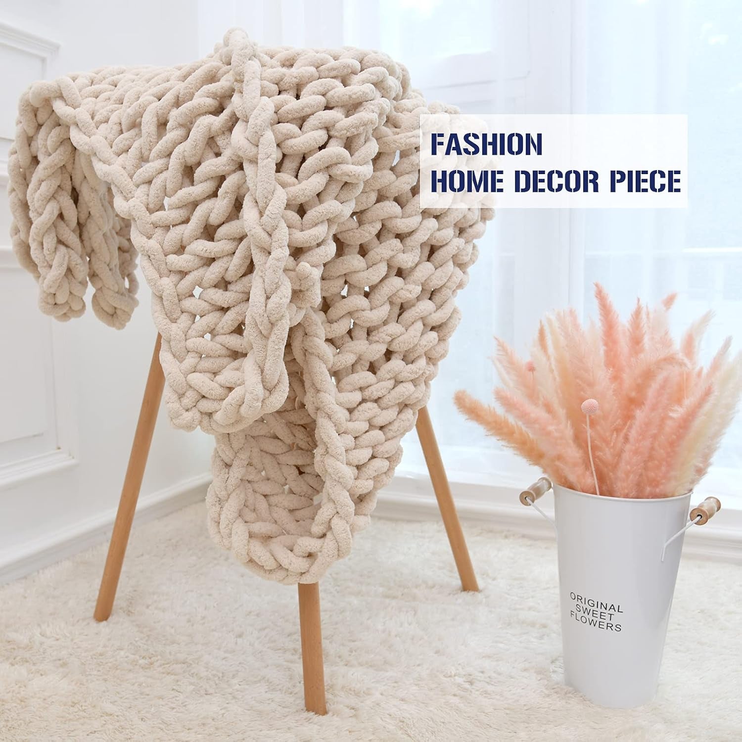 Chunky Knit Blanket Warm Chenille Throw Blanket, Beige 40"X60" Warm Soft Cozy Handmade Knitted Yarn Throw Blanket for Bed Sofa Chair Home Decor, Gift, Machine Washable