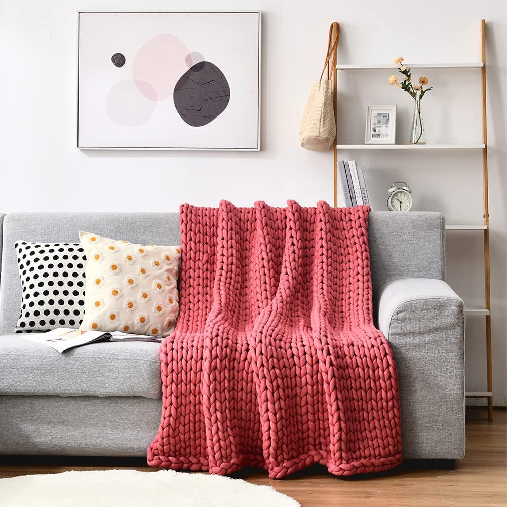 Chunky Knitted Weighted Blanket Hand Made Polyester Throw Blankets for Sleep Bed Sofa Chair Home Decor Breathable Cozy (Pink, 40"X40")