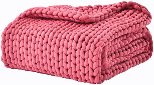 Chunky Knitted Weighted Blanket Hand Made Polyester Throw Blankets for Sleep Bed Sofa Chair Home Decor Breathable Cozy (Pink, 40"X40")