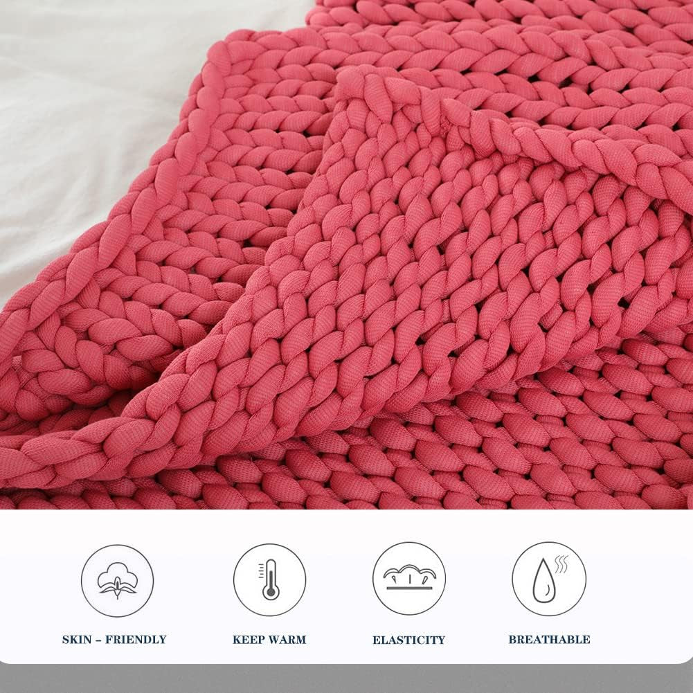 Chunky Knitted Weighted Blanket Hand Made Polyester Throw Blankets for Sleep Bed Sofa Chair Home Decor Breathable Cozy (Pink, 40"X40")