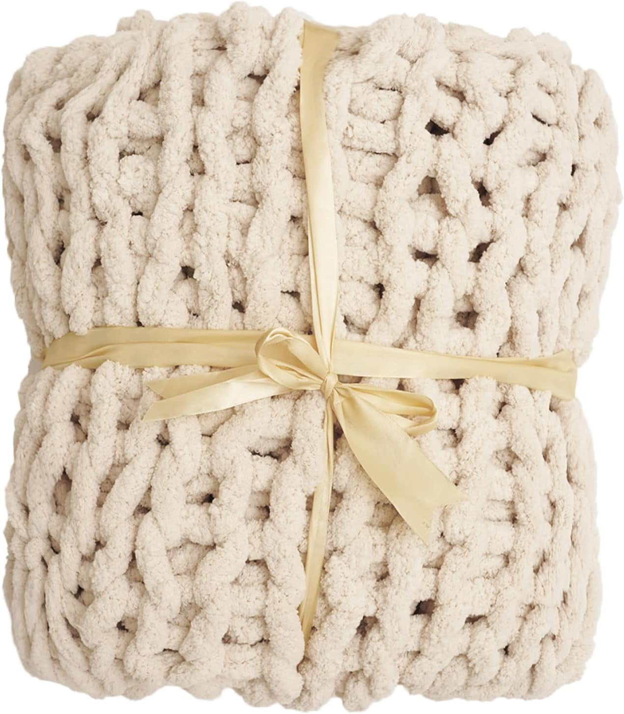 Chunky Knit Blanket Warm Chenille Throw Blanket, Beige 40"X60" Warm Soft Cozy Handmade Knitted Yarn Throw Blanket for Bed Sofa Chair Home Decor, Gift, Machine Washable