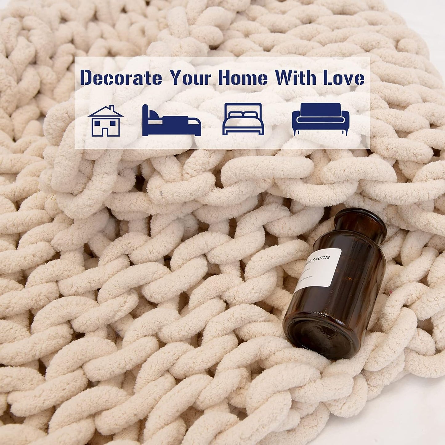 Chunky Knit Blanket Warm Chenille Throw Blanket, Beige 40"X60" Warm Soft Cozy Handmade Knitted Yarn Throw Blanket for Bed Sofa Chair Home Decor, Gift, Machine Washable